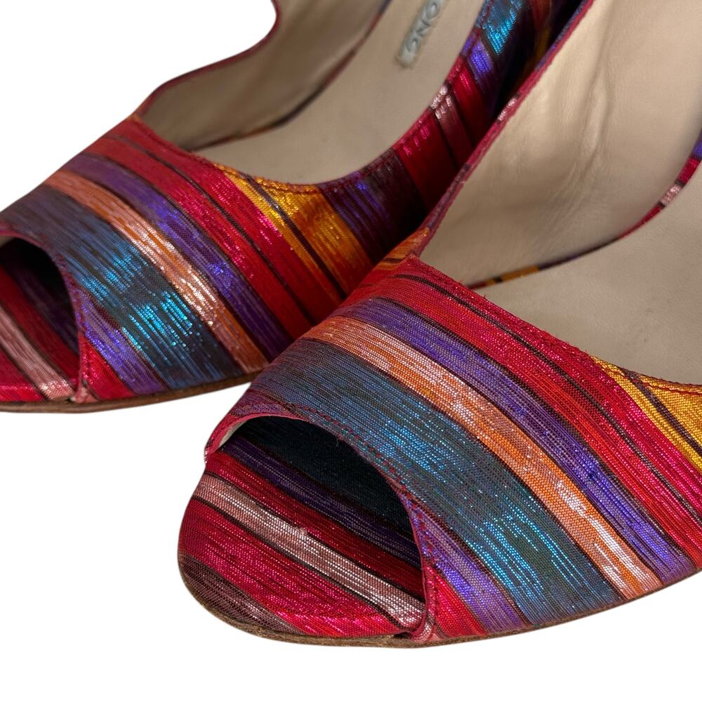 Beatrix Ong Satin Striped Wedge Heel Women's SZ 39 Rainbow Art Luxury Whimsy Fun - Picture 6 of 13